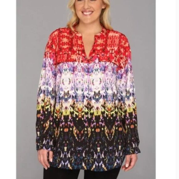 Calvin Klein Plus Size Busy Multi-Colored Print Roll Tab Sleeves Size 3X EUC - Picture 1 of 8